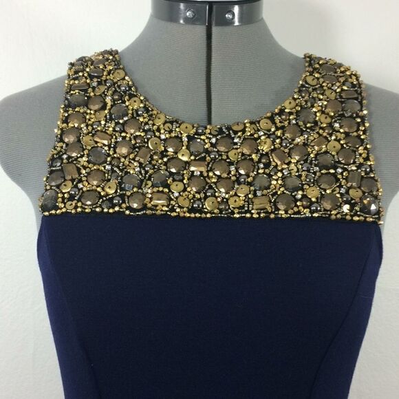 Eight Sixty Navy A Line dress with gold beaded collar - Picture 2 of 7